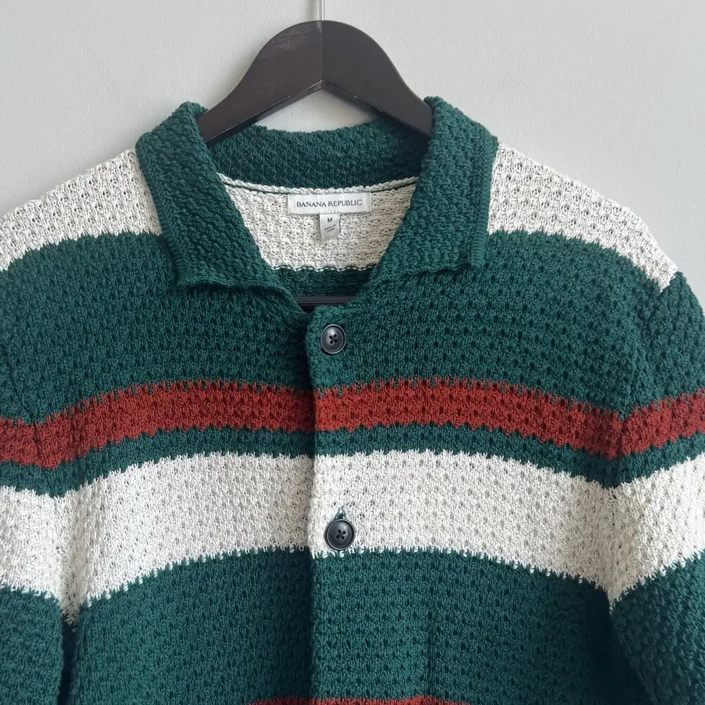 Banana Republic Shirt Mens M Striped Crochet Short Sleeve Button Front